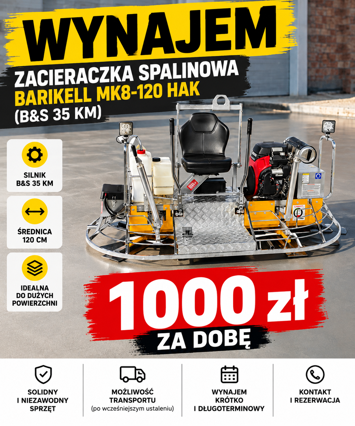 Zacieraczka spalinowa Barikell MK8-120 HAK – WYNAJEM 1000 zł