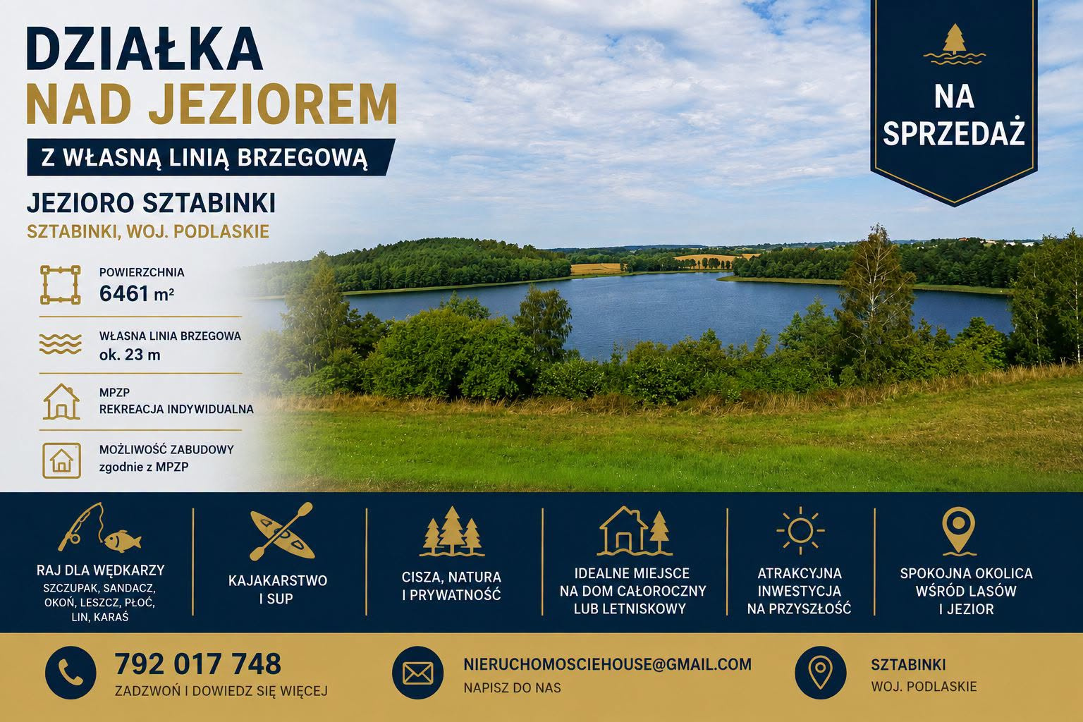 Działka nad Jeziorem Sztabinki z własną linią brzegową