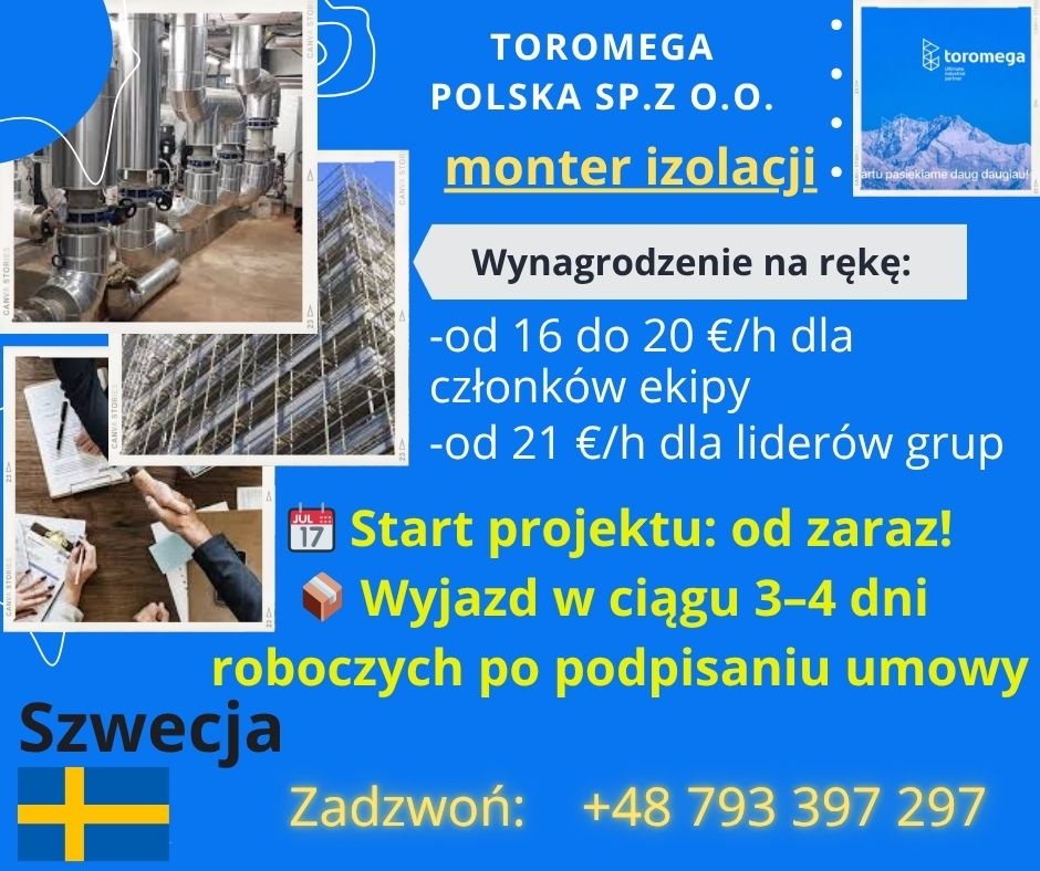 Szukamy: Monterów izolacji do projektu w Szwecji