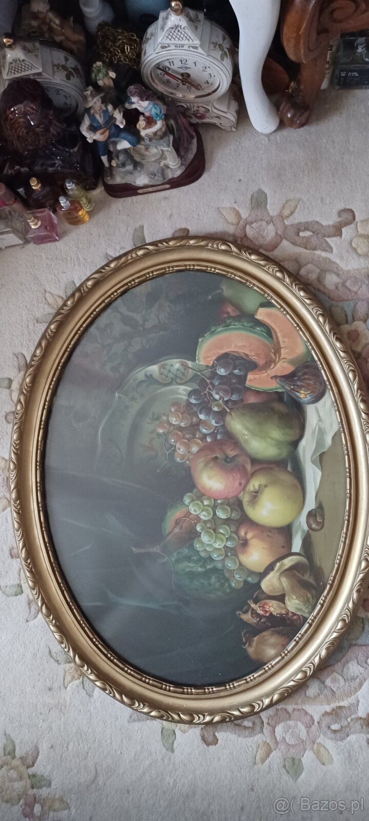 Duży zabytkowy obraz MARTWA NATURA ZA SZKŁEM 83x63 cm. Ciężk