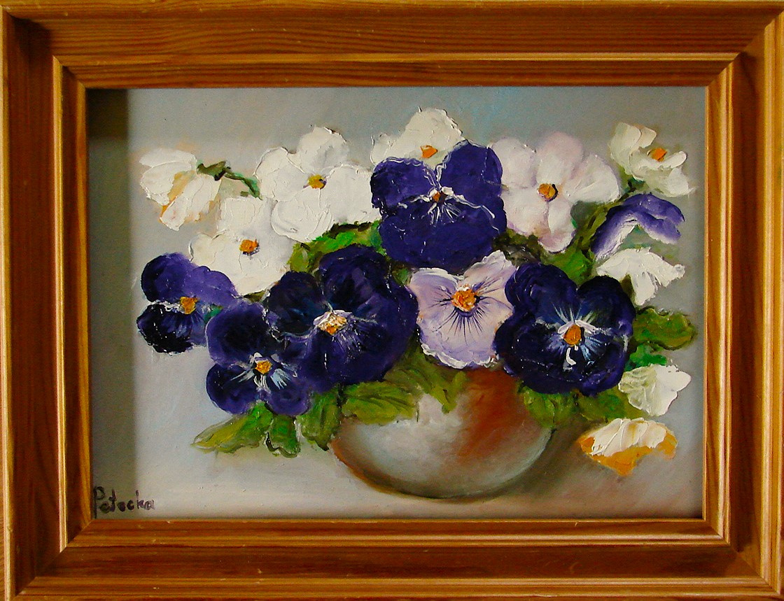 Bratki obraz olejny 20cm-28cm w ramie