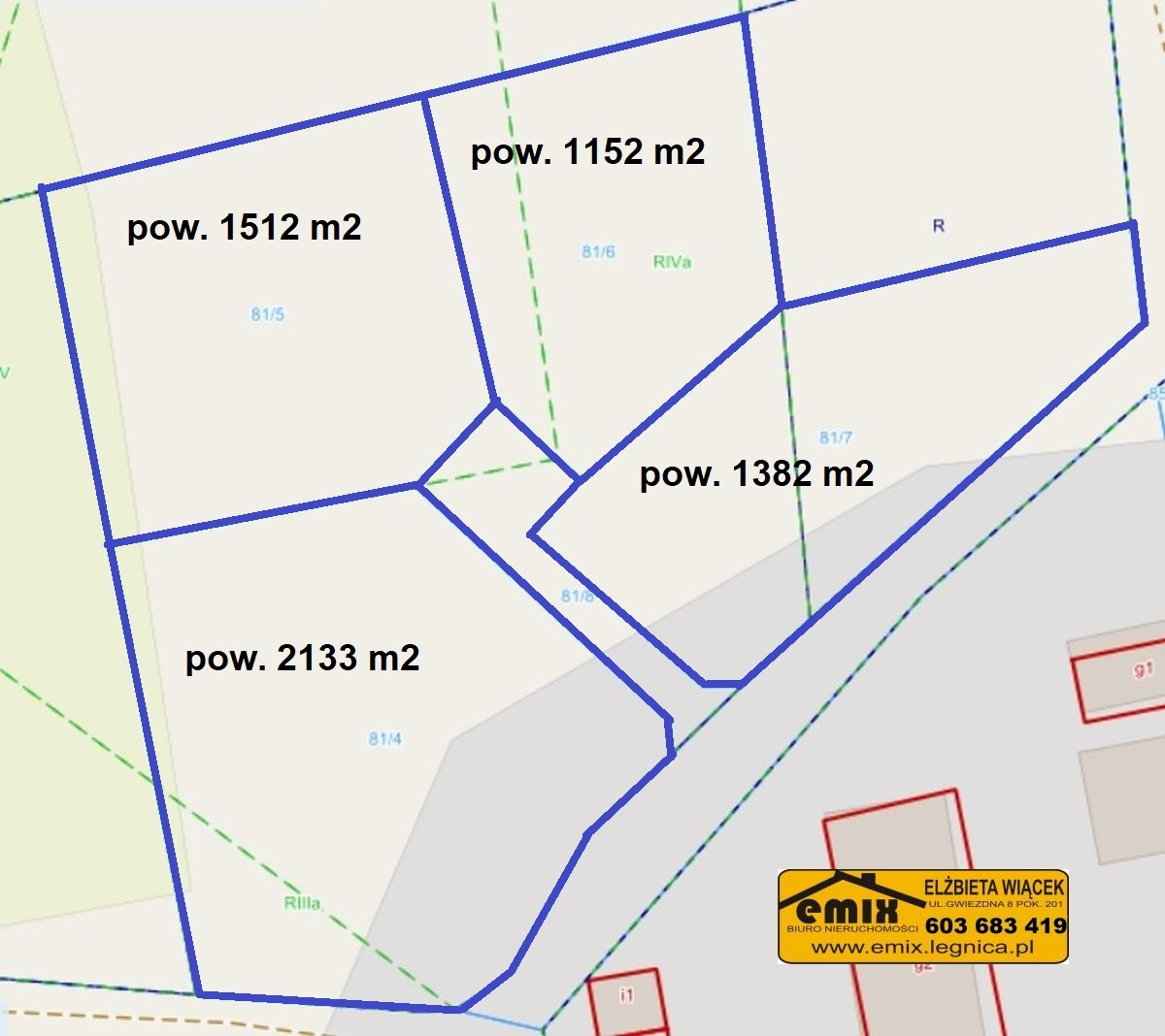 4 działki budowlane w Wysocku k. Złotoryi - 80 zł./m2