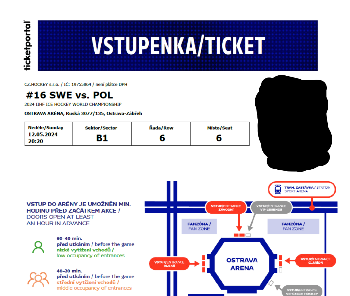 IIHF 2024 Ostrava - hokej SWE vs. POL - 2 bilety