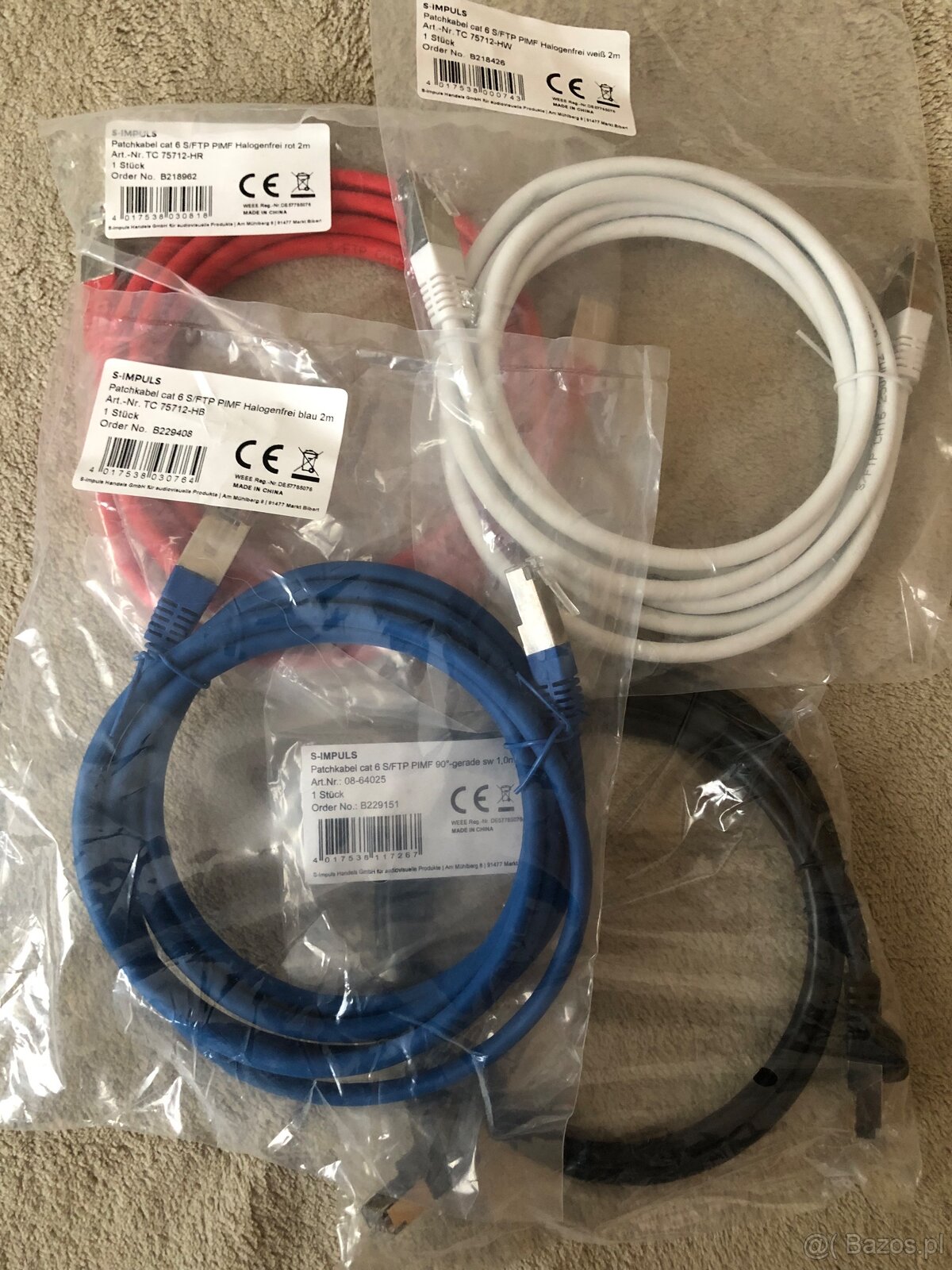Patchcordy Cat6, Rj45, S/FTP PIMF, 2 metry, różne kolory