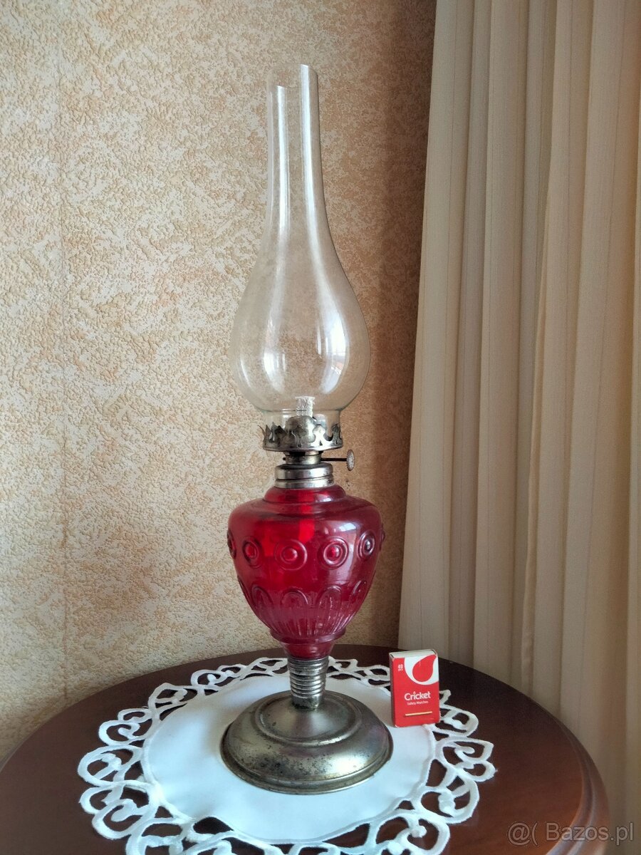 Stara lampa naftowa 48cm 100% sprawna szkło -kolor rubinowy