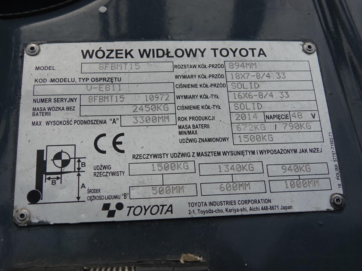 Wózek widłowy unoszący Toyota 8FBMT15 (Traigo 15) 2014r - 12