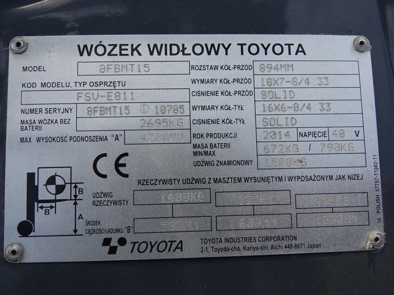 Wózek widłowy unoszący Toyota 8FBMT15 (Traigo 15) - 12