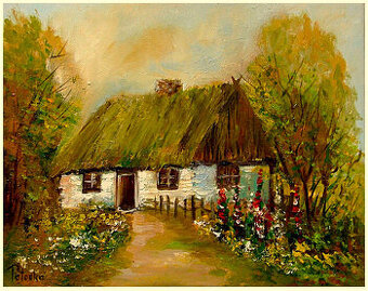 Chata w malwach obraz olejny 30-40cm