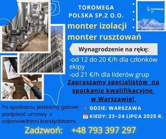 poszukujemy monterów izolacji przemysłowych, monterów ruszto