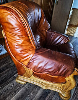 Kler Komplet wypoczynkowy 2+1 drewno,skóra prawdziwa