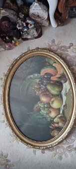 Duży zabytkowy obraz MARTWA NATURA ZA SZKŁEM 83x63 cm. Ciężk