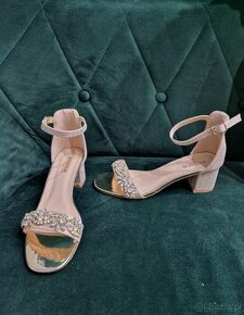 Luksusowe ślubne błyszczące złote sandały z kryształkami 37