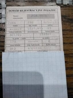 Dowód rejestracyjny pojazdu JAWA 350