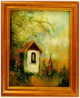 Kapliczka przydrożna obraz olejny 20-25cm w ramie