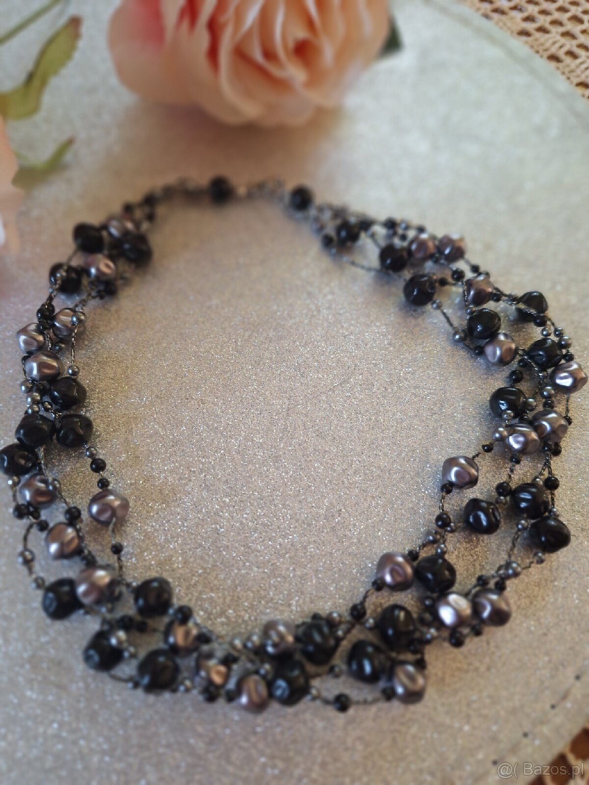 Naszyjnik imitacja perełek srebro,czerń - 2