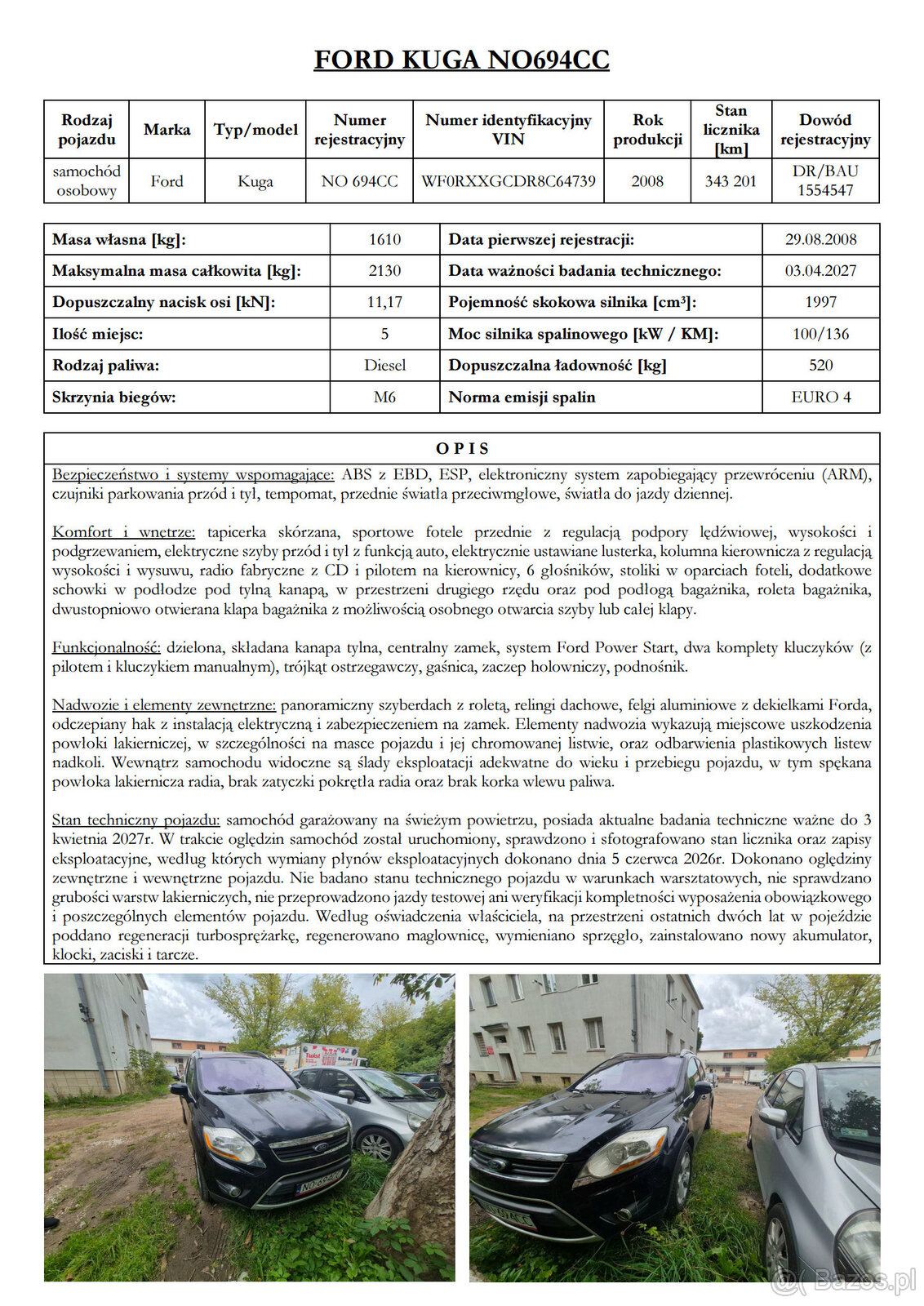 Syndyk sprzeda Ford Kuga TDCi rok 2008 - 2