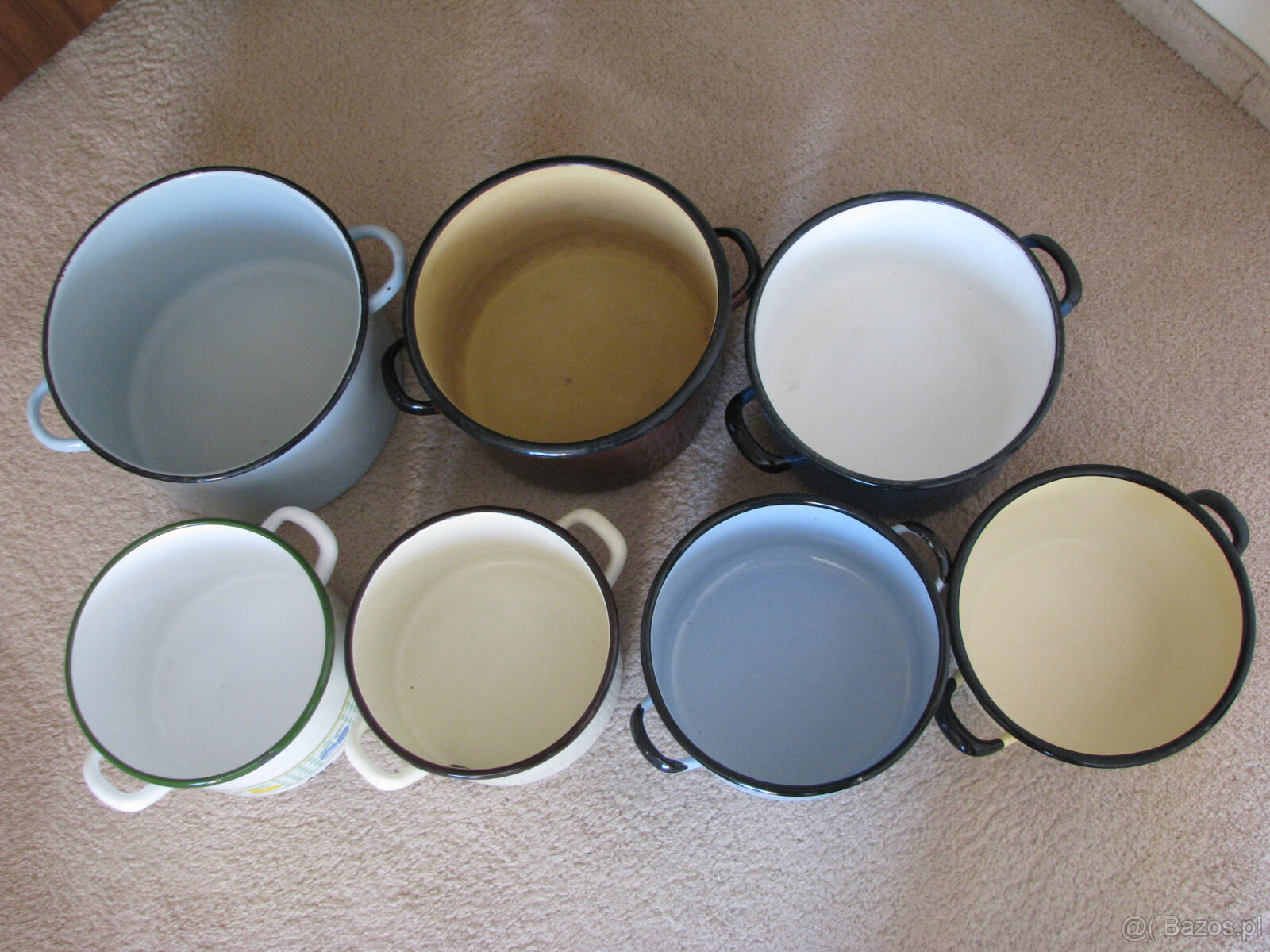 Emaliowane garnki, pokrywki, patelnie, miski, durszlak, kosz - 2