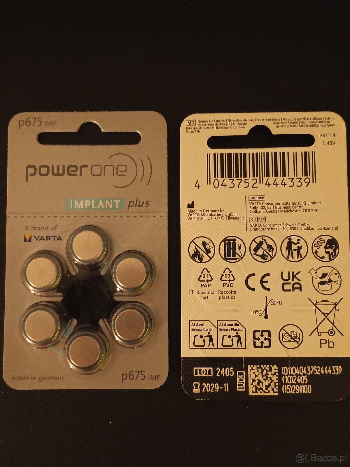 Baterie Varta Power One Implant Plus typu 675 (PR44), - 2