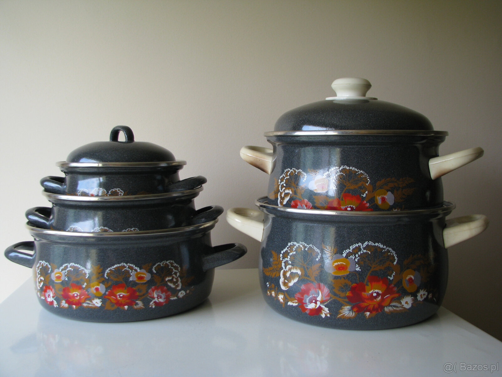 Solidne czeskie garnki emaliowane z czasów PRL z pokrywkami - 3