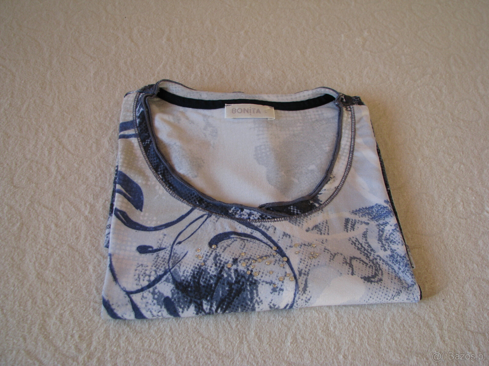 Bluzka z rękawem 3/4, rozm. L, niebiesko-biała z cyrkoniami, - 3