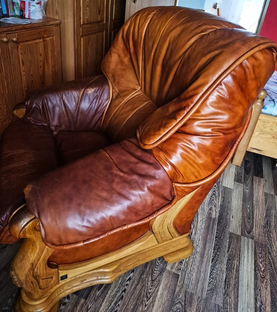 Kler Komplet wypoczynkowy 2+1 drewno,skóra prawdziwa - 4