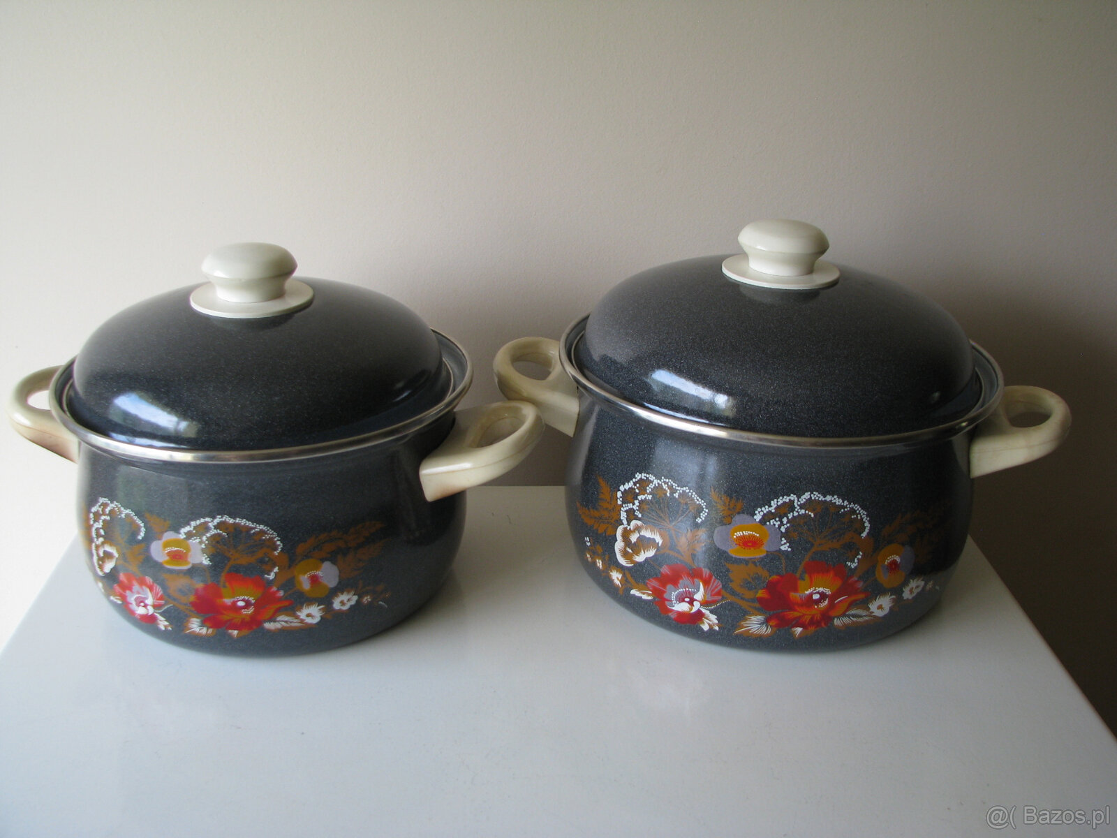 Solidne czeskie garnki emaliowane z czasów PRL z pokrywkami - 6