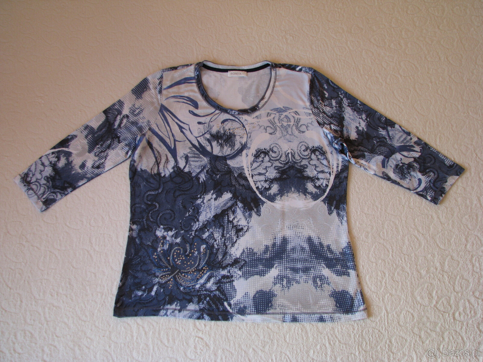 Bluzka z rękawem 3/4, rozm. L, niebiesko-biała z cyrkoniami, - 6