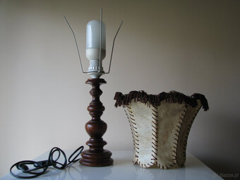 Stara lampa stołowa stojąca abażur skóra naturalna frędzle - 8